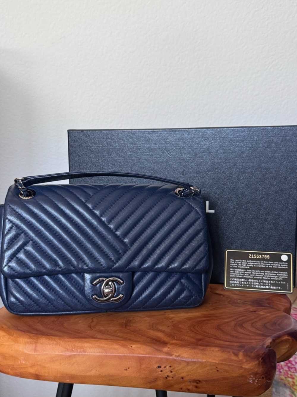 Chanel Small CC Flap Chevron Navy Blue Lambskin Ruthenium Hardware - Picture 10 of 11